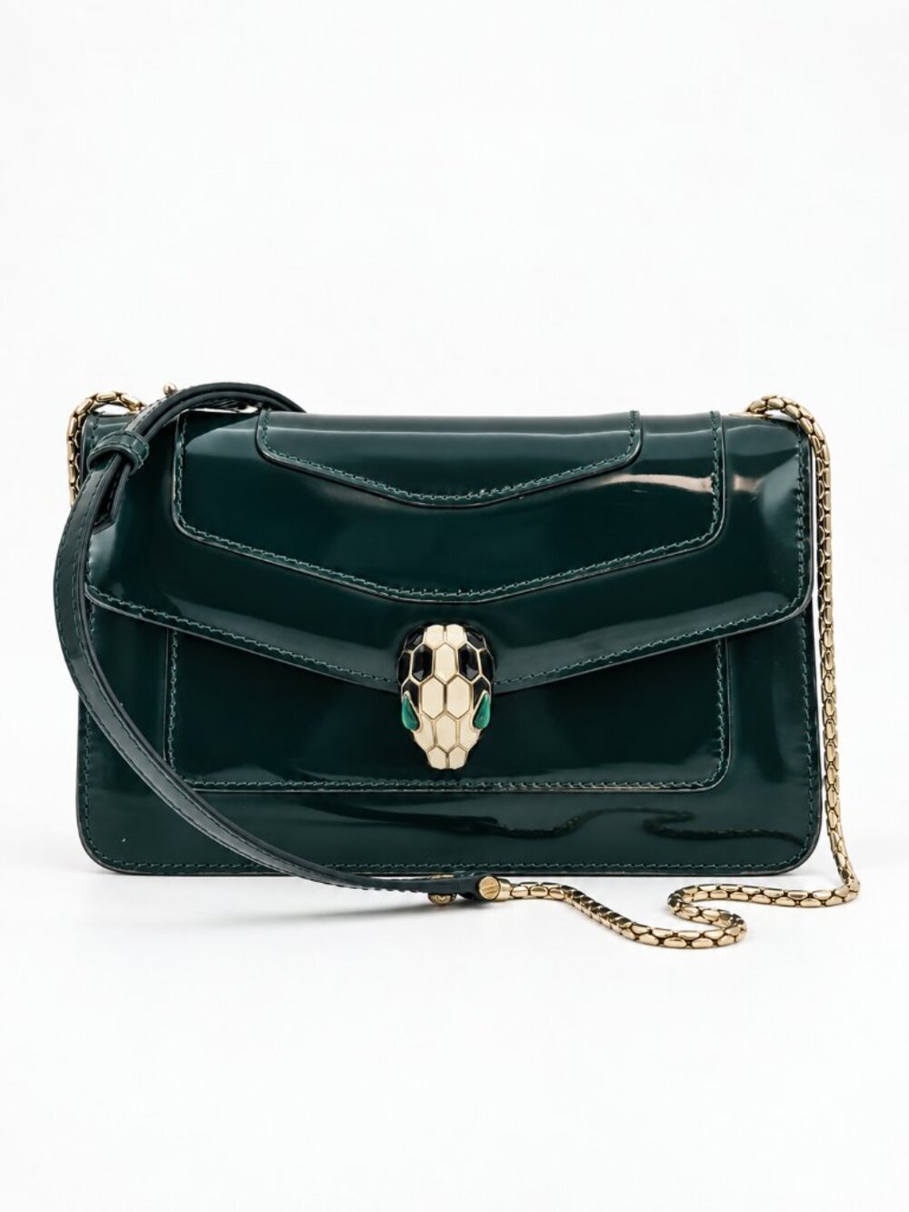 BVLGARI Serpenti Forever Green Patent Leather Snake Head Crossbody Bag